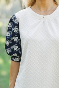 Cool Breeze Confidence Navy Embroidered Puff Sleeve Blouse