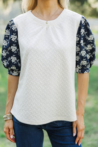 Cool Breeze Confidence Navy Embroidered Puff Sleeve Blouse