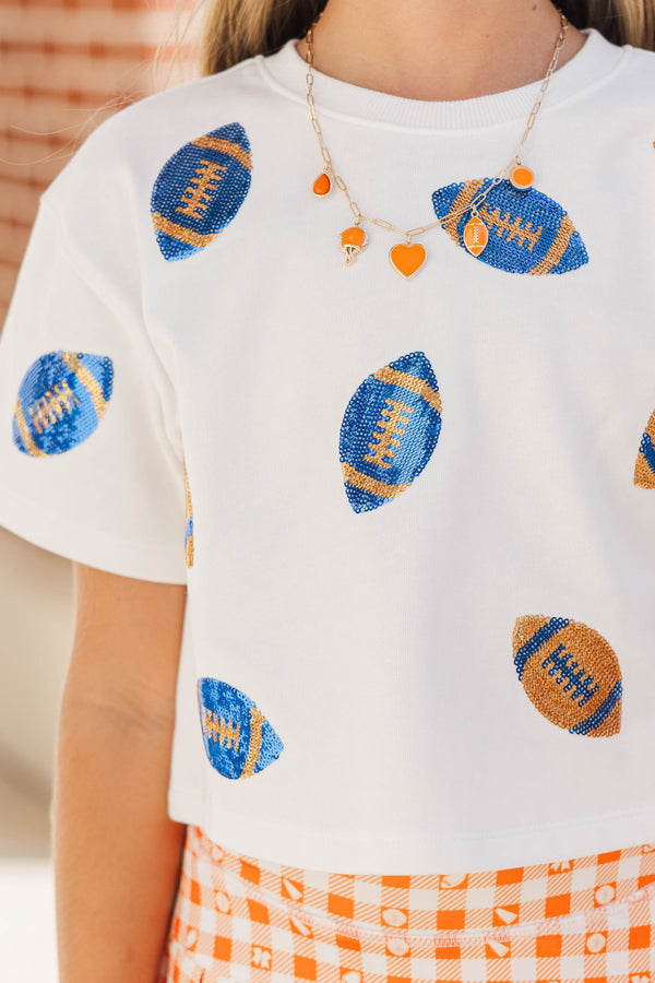 Girls: First Down Fun Royal Blue & Gold Football Sequin Top