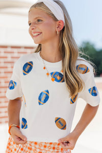 Girls: First Down Fun Royal Blue & Gold Football Sequin Top