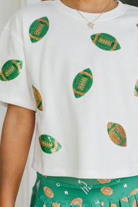 Girls: First Down Fun Green & Gold Football Sequin Top