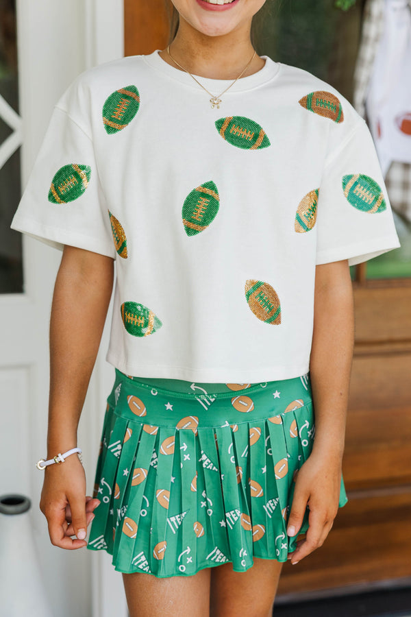 Girls: First Down Fun Green & Gold Football Sequin Top
