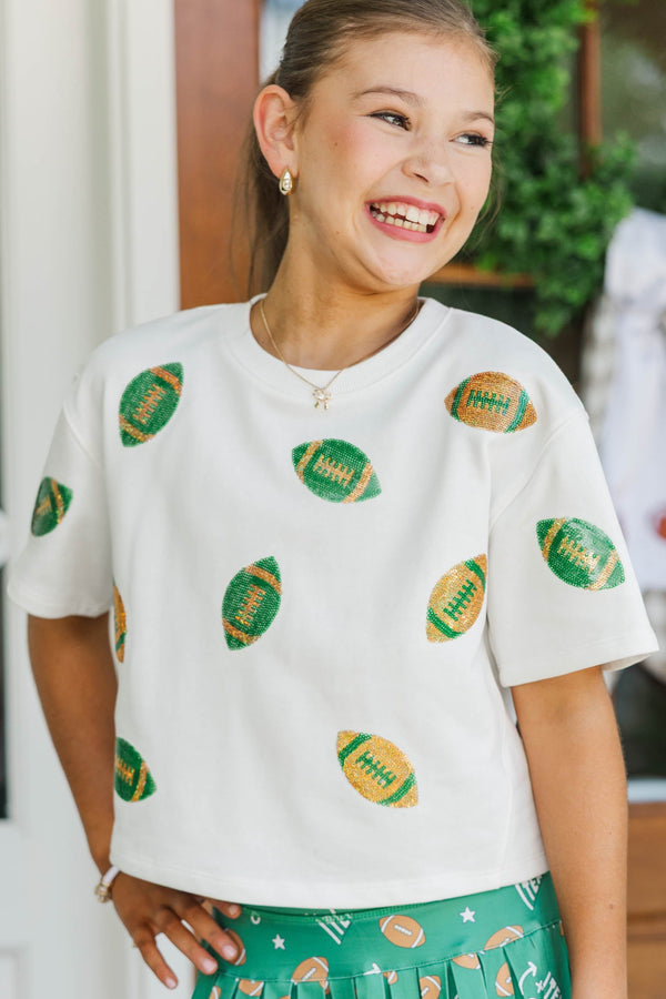 Girls: First Down Fun Green & Gold Football Sequin Top