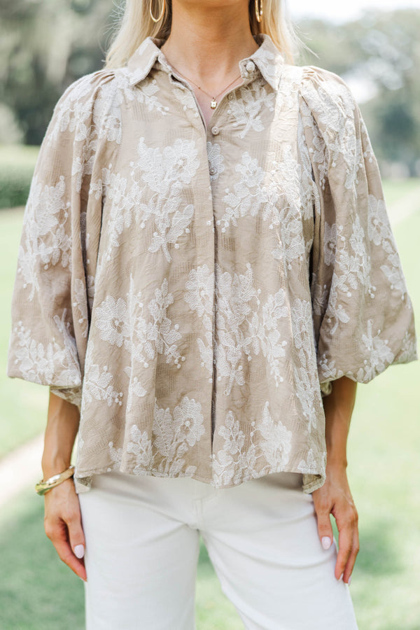 Let's Run Taupe Embroidered Bubble Sleeve Blouse