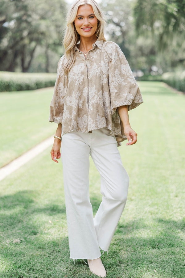 Let's Run Taupe Embroidered Bubble Sleeve Blouse