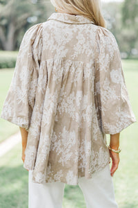 Let's Run Taupe Embroidered Bubble Sleeve Blouse