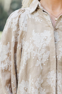 Let's Run Taupe Embroidered Bubble Sleeve Blouse