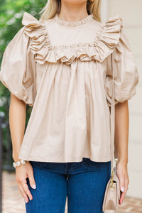 Say Less Taupe Ruffled Blouse