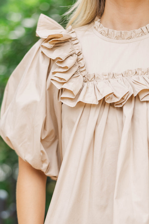 Say Less Taupe Ruffled Blouse