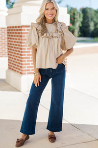 Say Less Taupe Ruffled Blouse