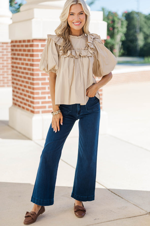 Say Less Taupe Ruffled Blouse