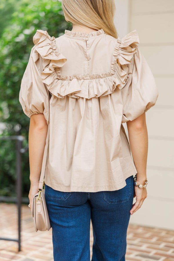Say Less Taupe Ruffled Blouse