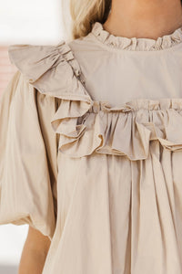 Say Less Taupe Ruffled Blouse
