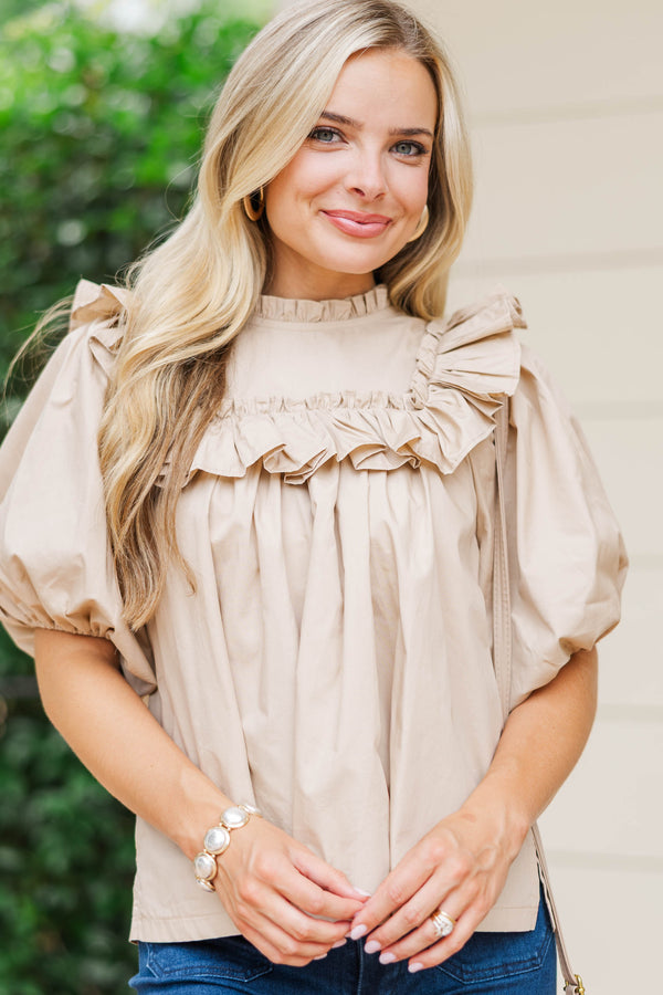Say Less Taupe Ruffled Blouse