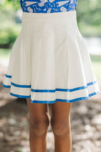 Girls: The Gracelyn White & Royal Striped Pleated Skort