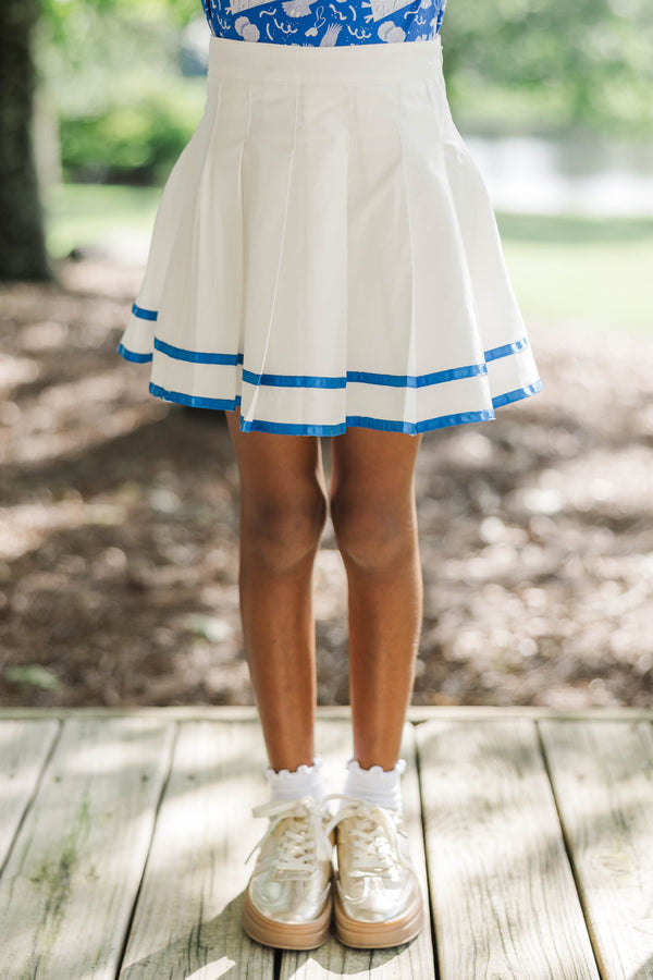 Girls: The Gracelyn White & Royal Striped Pleated Skort