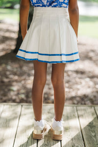 Girls: The Gracelyn White & Royal Striped Pleated Skort
