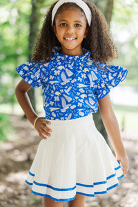 Girls: The Gracelyn White & Royal Striped Pleated Skort