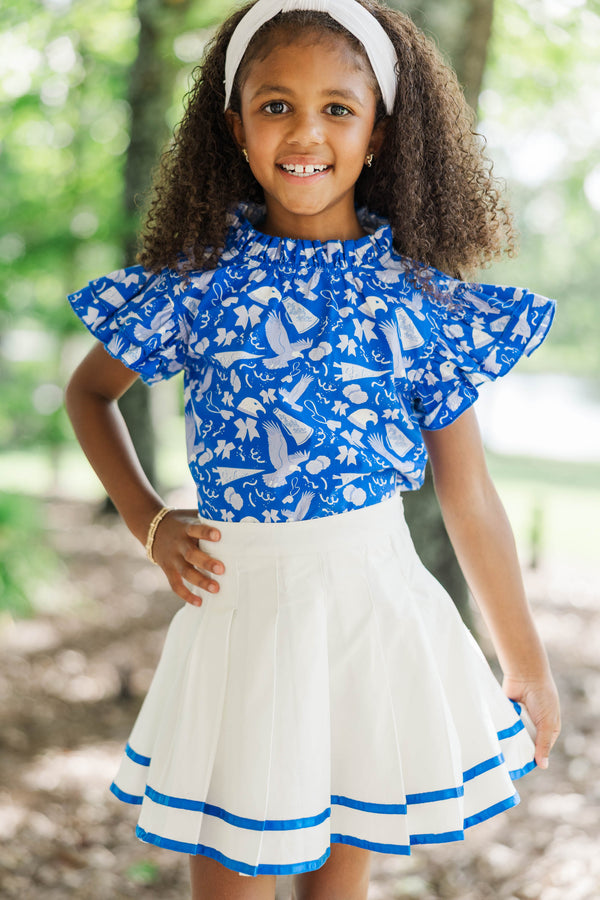 Girls: The Gracelyn White & Royal Striped Pleated Skort