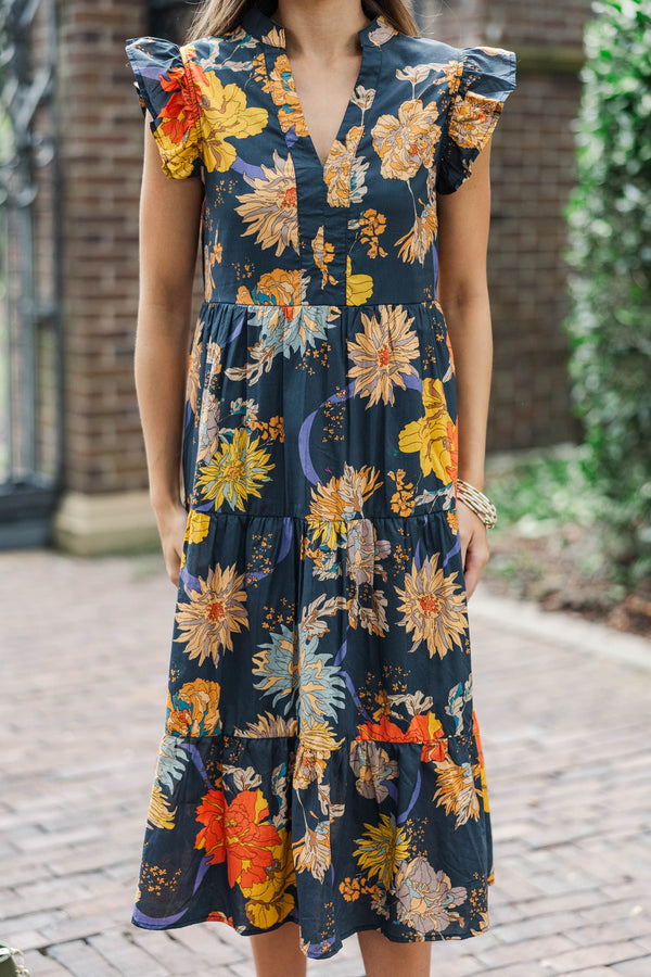 black ditsy floral midi dress Petal and Pup Women's Edwina Shirred Frill Long Sleeve Midi Dress
