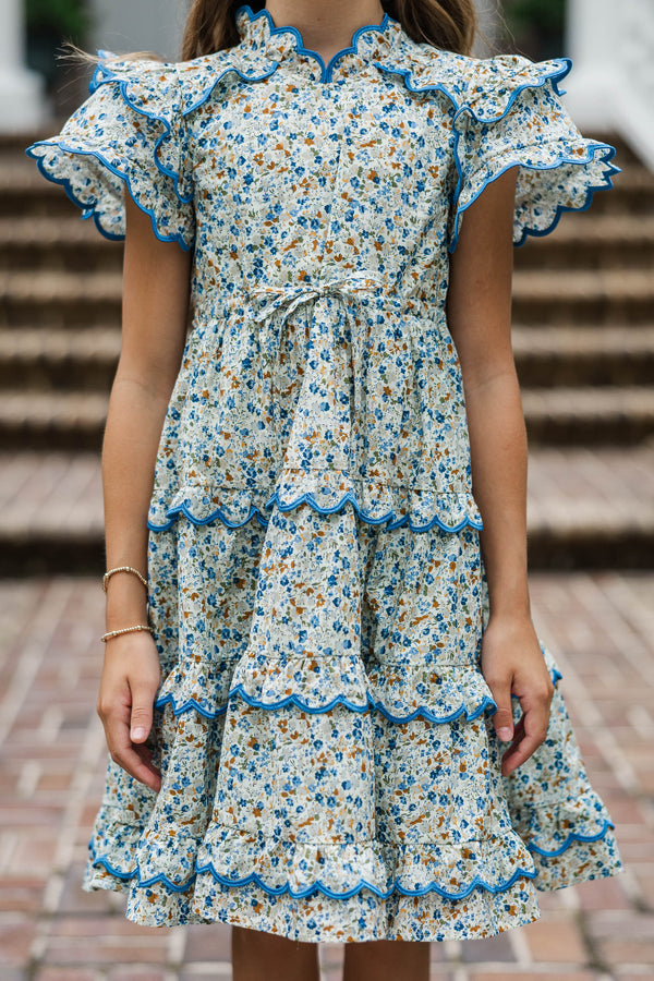 Girls: The Tatum Brown Floral Scalloped Midi Dress