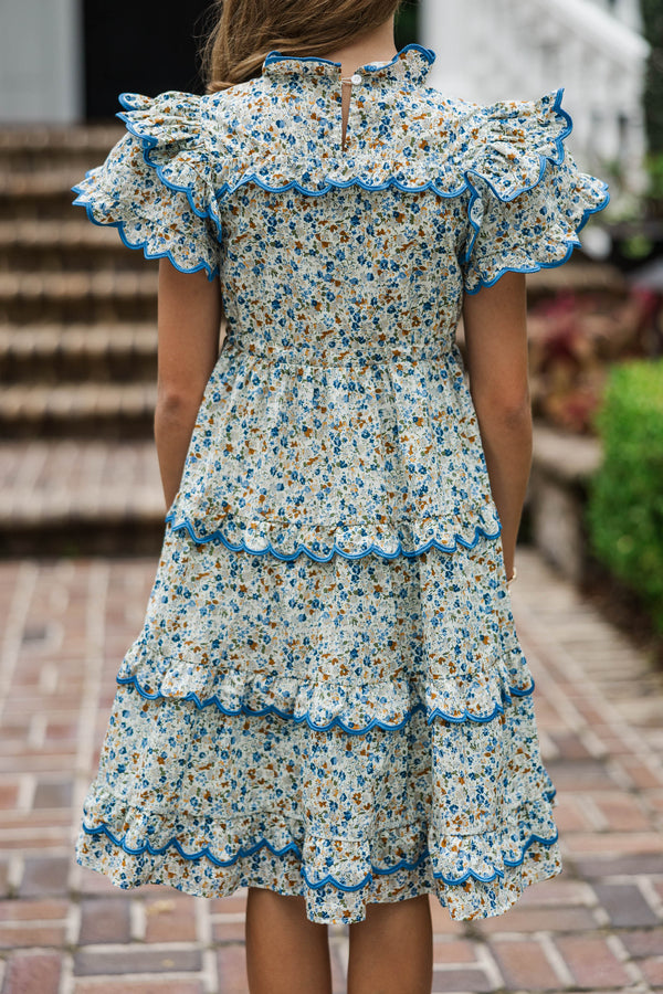 Girls: The Tatum Brown Floral Scalloped Midi Dress