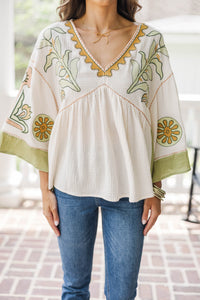 Work On It Natural/Sage Printed Blouse