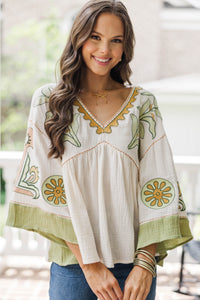 Work On It Natural/Sage Printed Blouse