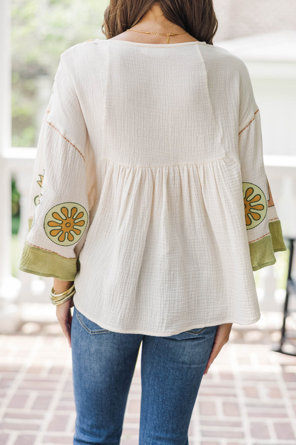 Work On It Natural/Sage Printed Blouse