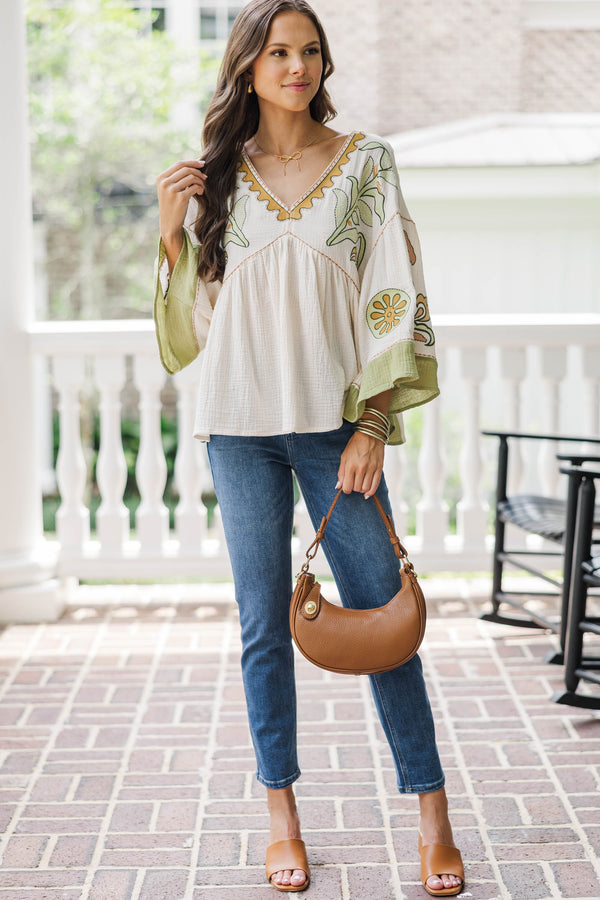 Work On It Natural/Sage Printed Blouse