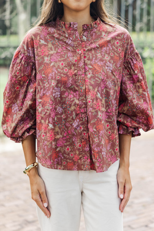 Take Your Turn Textured Brown Floral Blouse