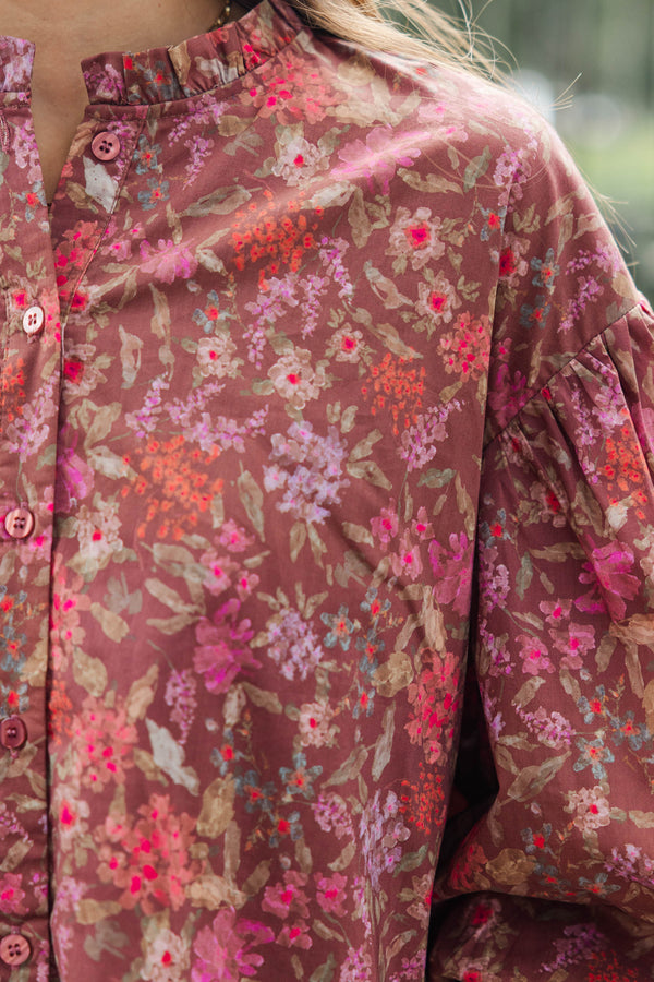 Take Your Turn Textured Brown Floral Blouse