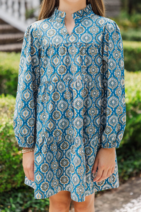 Girls: On Your Way Teal Blue Medallion Babydoll Dress