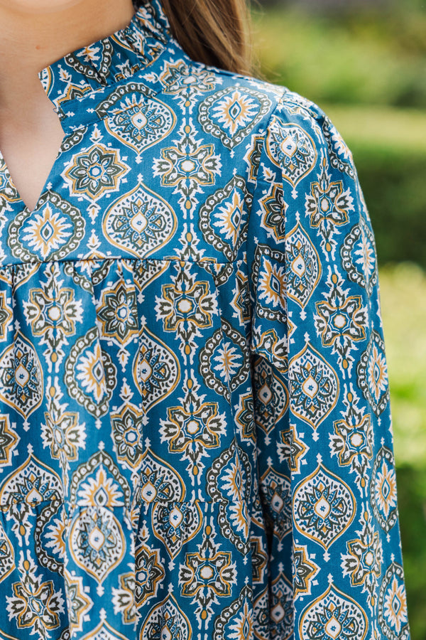 Girls: On Your Way Teal Blue Medallion Babydoll Dress