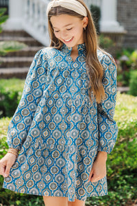 Girls: On Your Way Teal Blue Medallion Babydoll Dress
