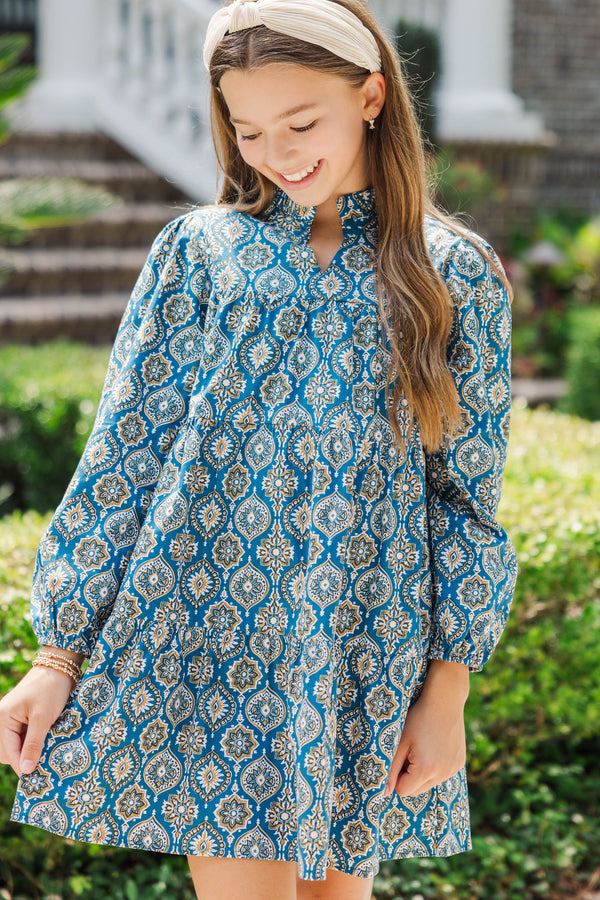 Girls: On Your Way Teal Blue Medallion Babydoll Dress