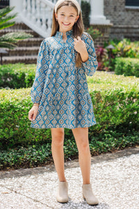 Girls: On Your Way Teal Blue Medallion Babydoll Dress