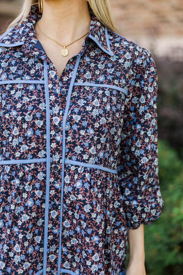 On Your Way Navy Ditsy Floral Babydoll Dress