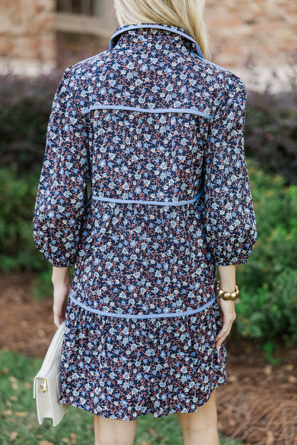 On Your Way Navy Ditsy Floral Babydoll Dress