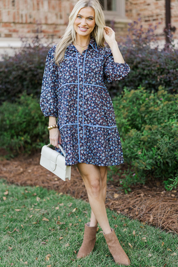On Your Way Navy Ditsy Floral Babydoll Dress