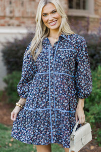 On Your Way Navy Ditsy Floral Babydoll Dress