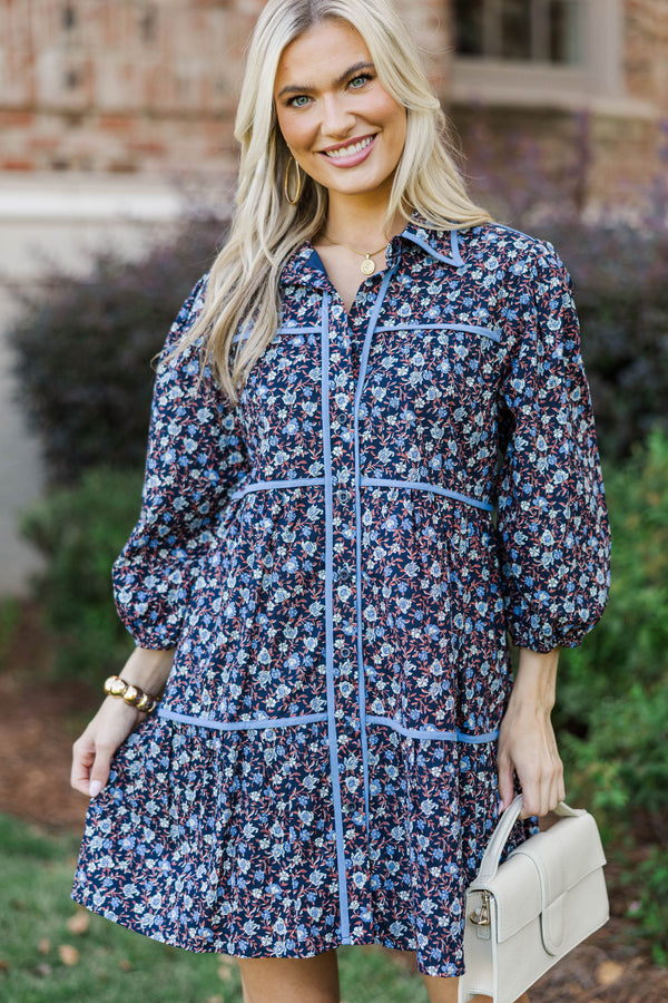 On Your Way Navy Ditsy Floral Babydoll Dress