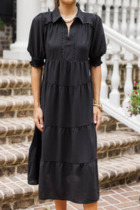 Velvet Skies Black Tiered Midi Dress