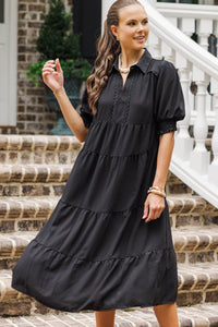 Velvet Skies Black Tiered Midi Dress