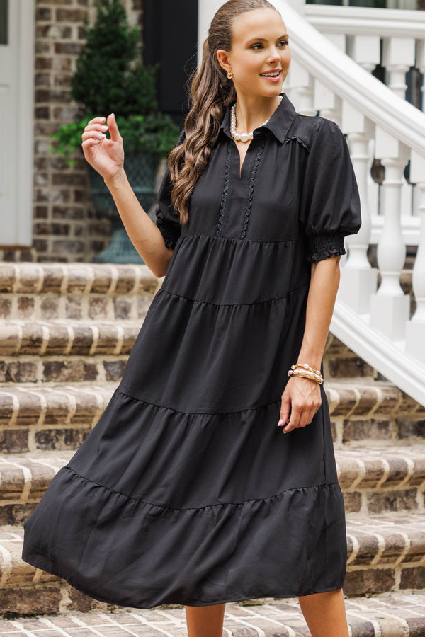 Velvet Skies Black Tiered Midi Dress