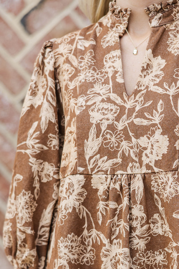 Free To Be Brown Floral Babydoll Dress