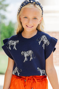 Girls: Huddle Up Navy Tiger Sweater