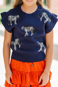 Girls: Huddle Up Navy Tiger Sweater