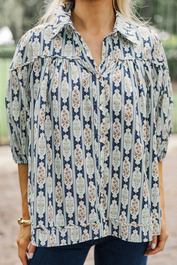 Better Than You Know Navy Medallion Puff Sleeve Blouse