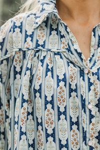 Better Than You Know Navy Medallion Puff Sleeve Blouse